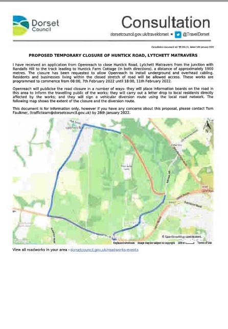 Proposed Temporary Closure Huntick Road, Lytchett Matravers