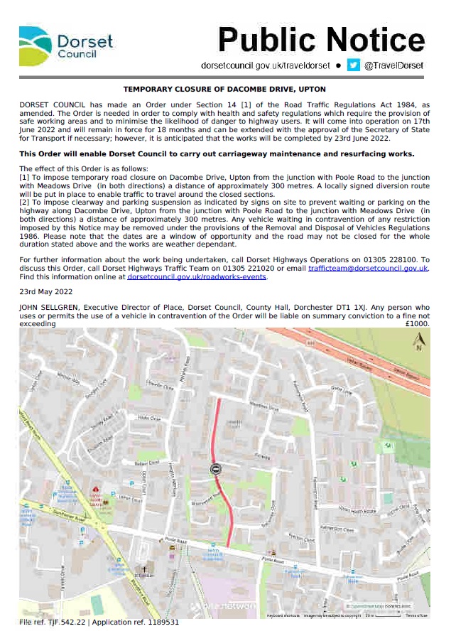 Temporary Closure of Dacombe Drive, Upton