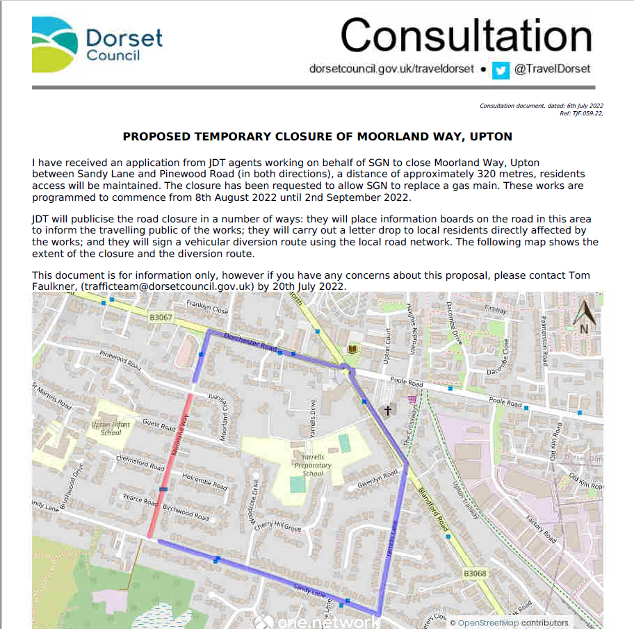 Temporary Road Closure Moorland Way Lytchett, Minster & Upton Town