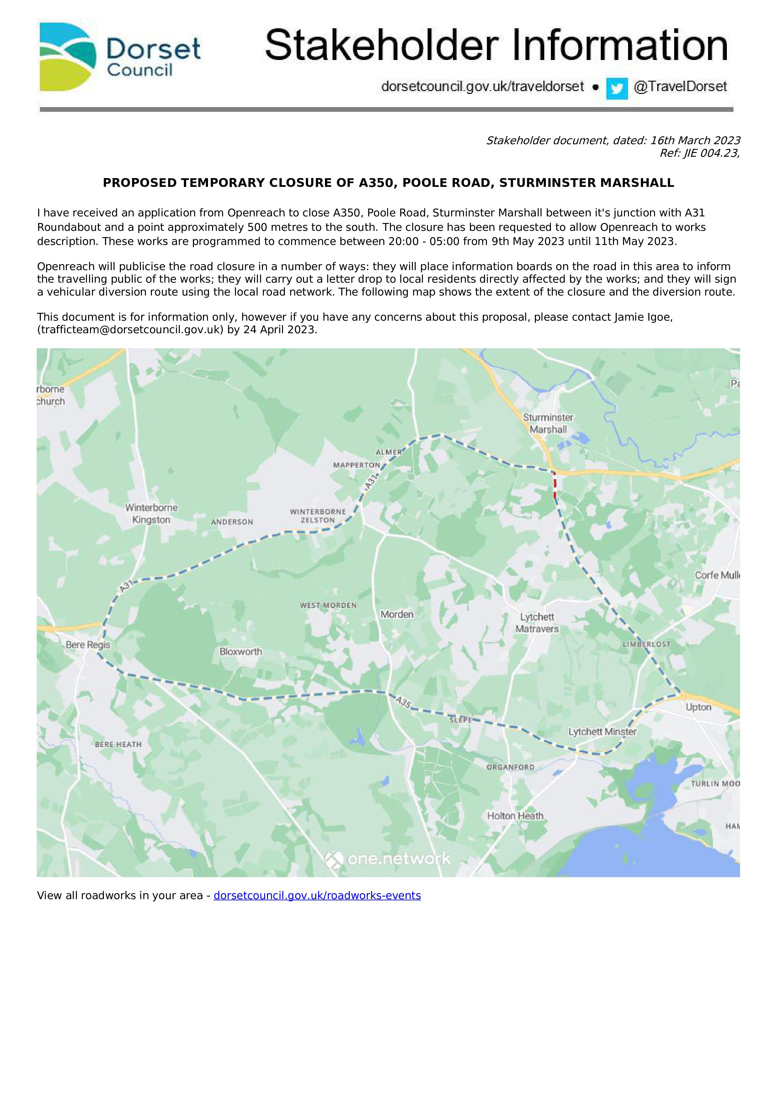 Road Closure A350 Poole Road, Sturminster Marshall