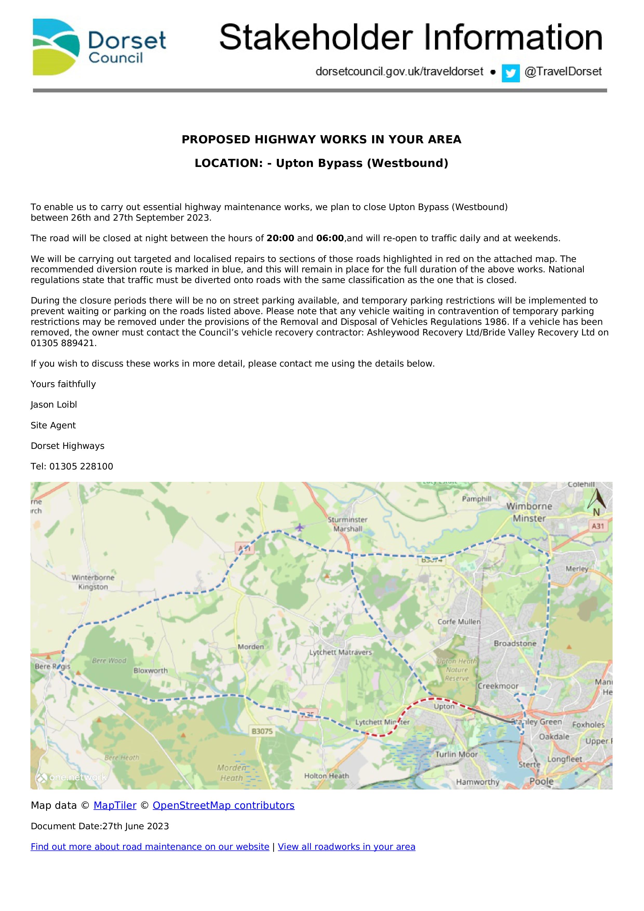Road Closure Upton Bypass (Westbound)