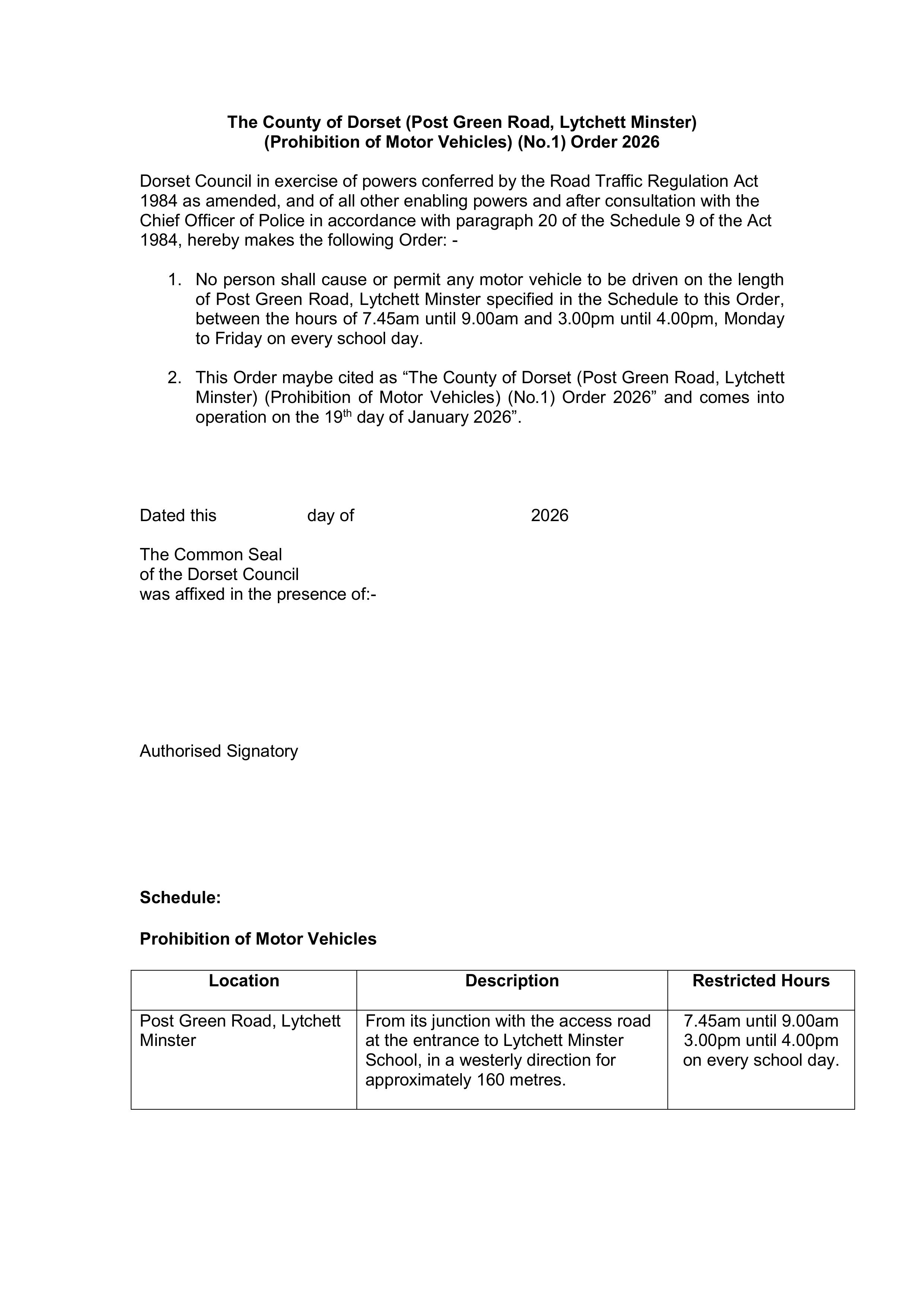 2 Post Green Road Traffic Regulation Order