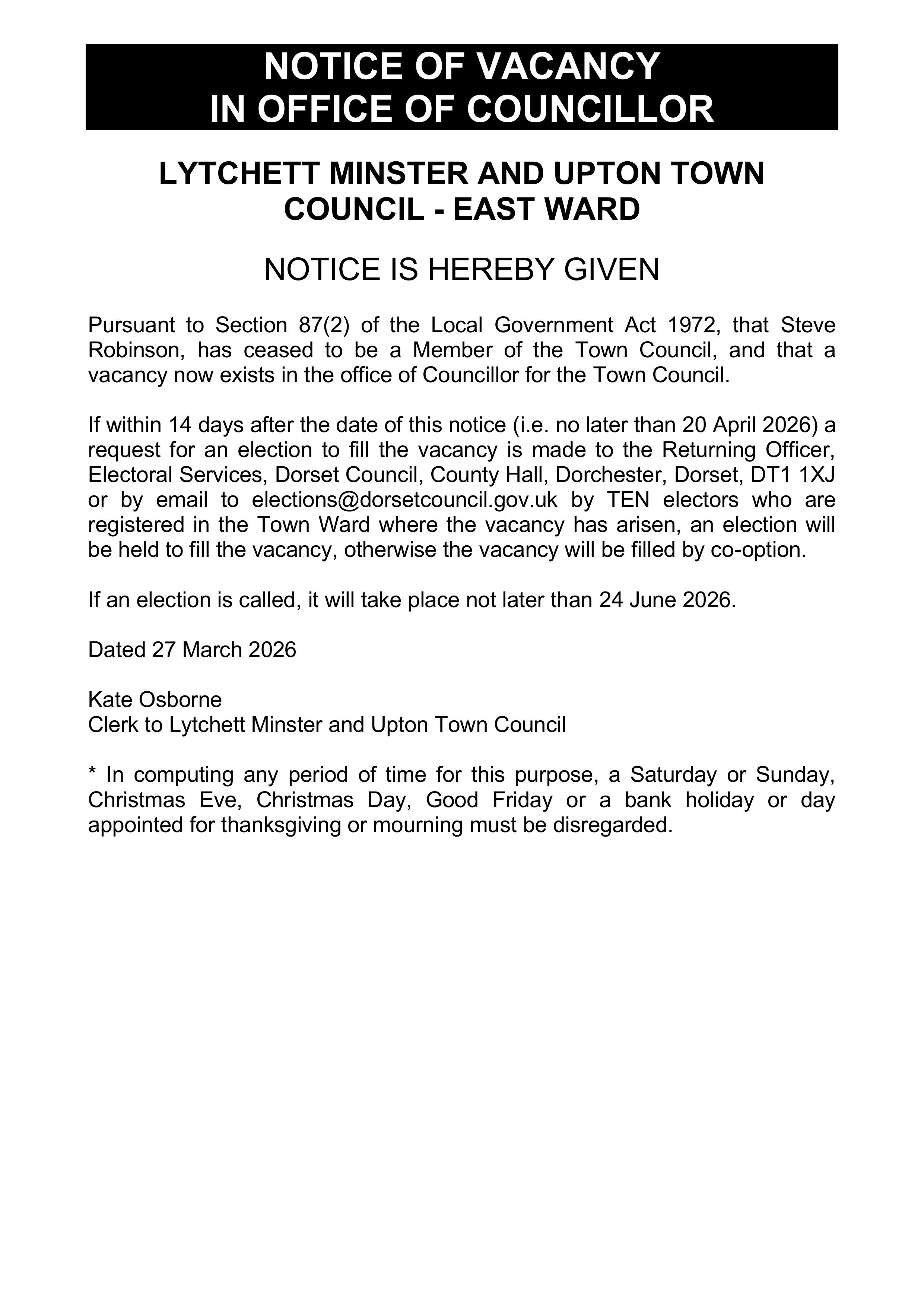 Notice of Vacancy in Office  of Councillor