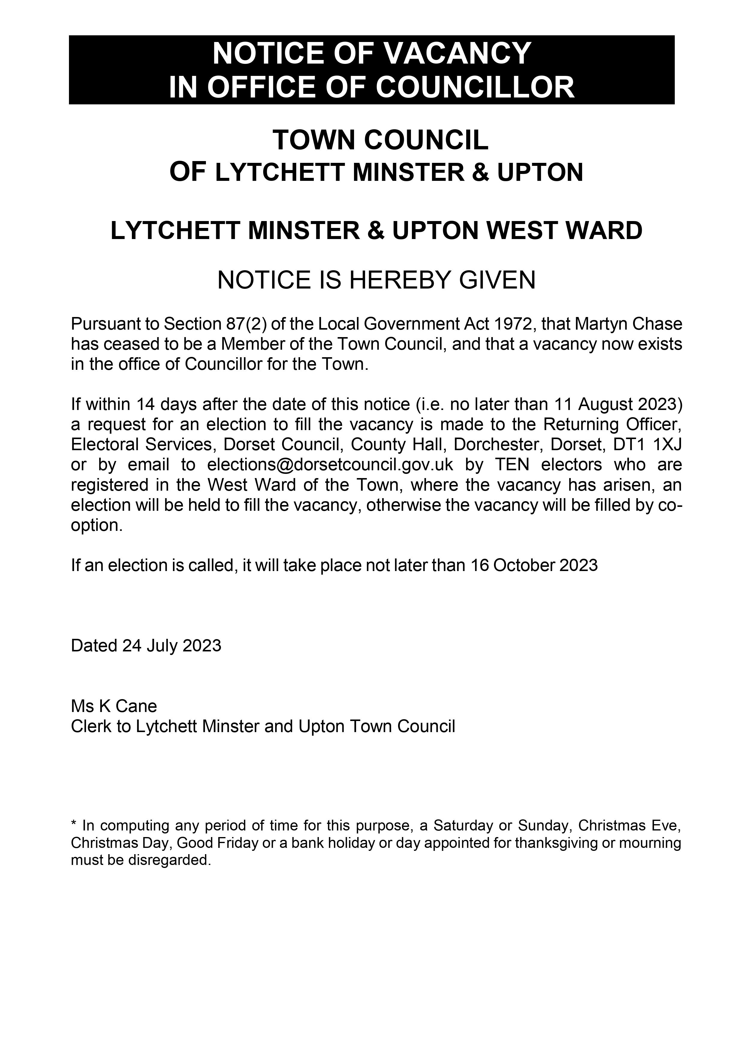 Notice of Vacancy in Office of Councillor