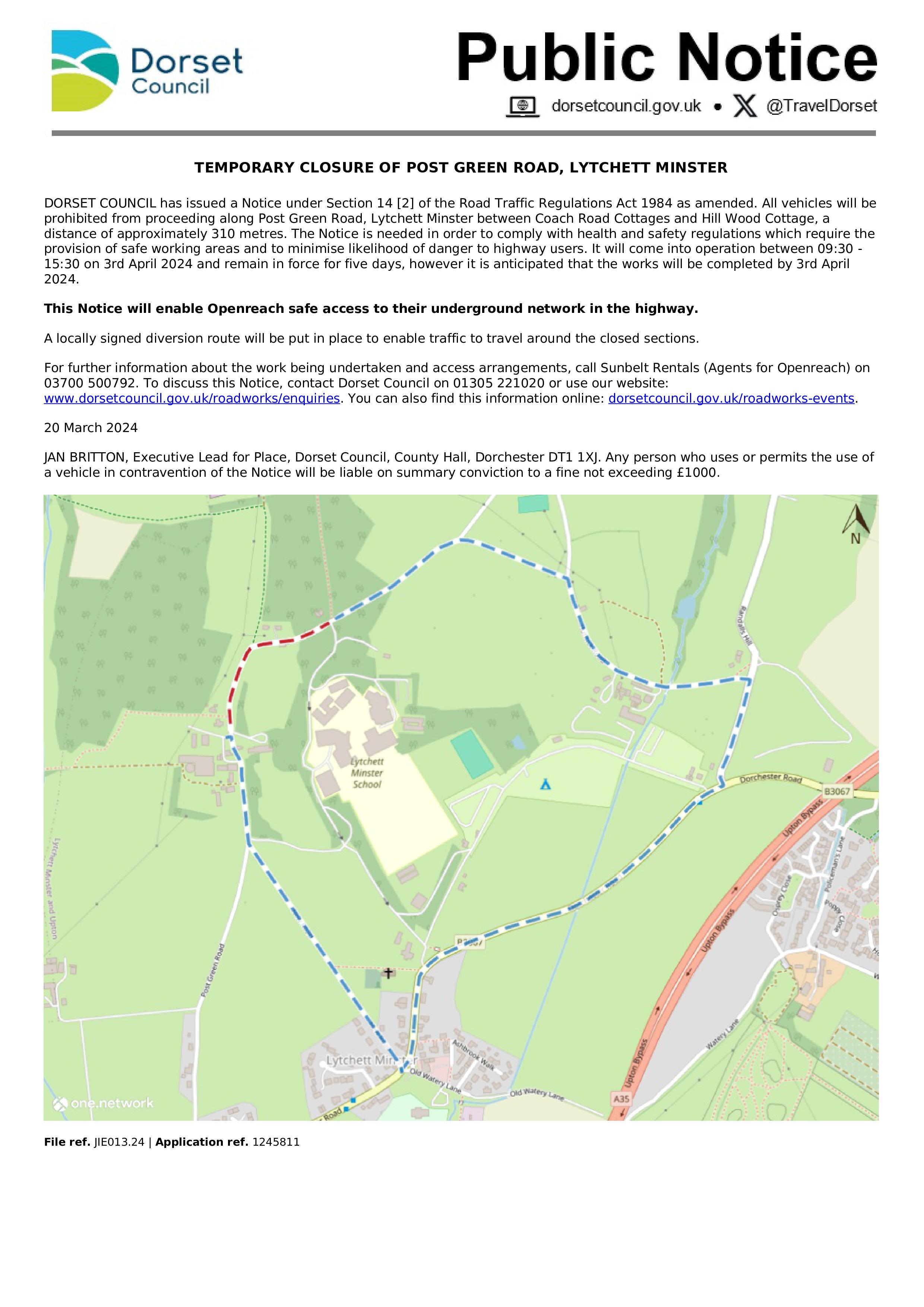 Temporary Closure of Post Green Road, Lytchett Minster