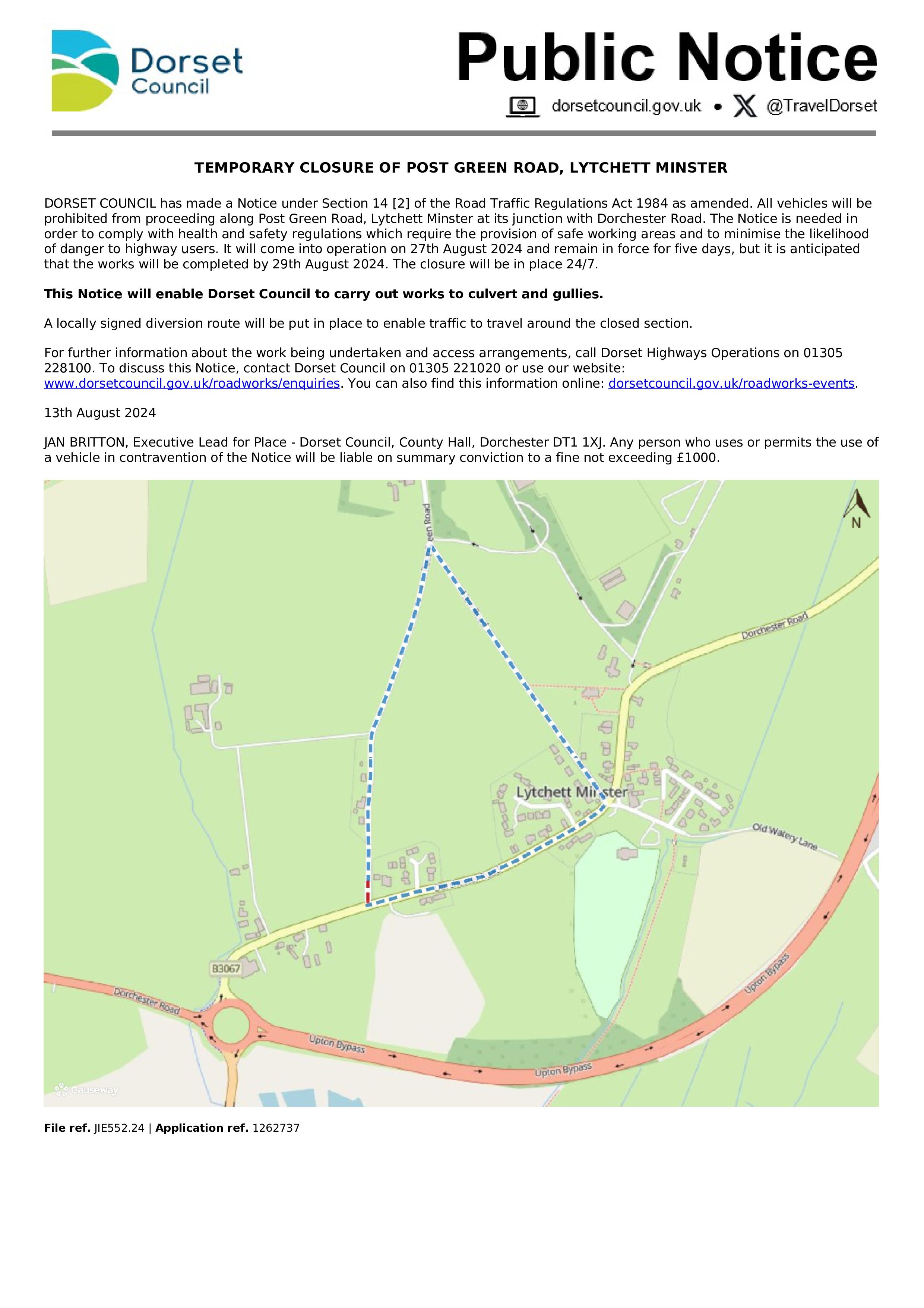 Temporary Road Closure Poster Green Road Lytchett Minster