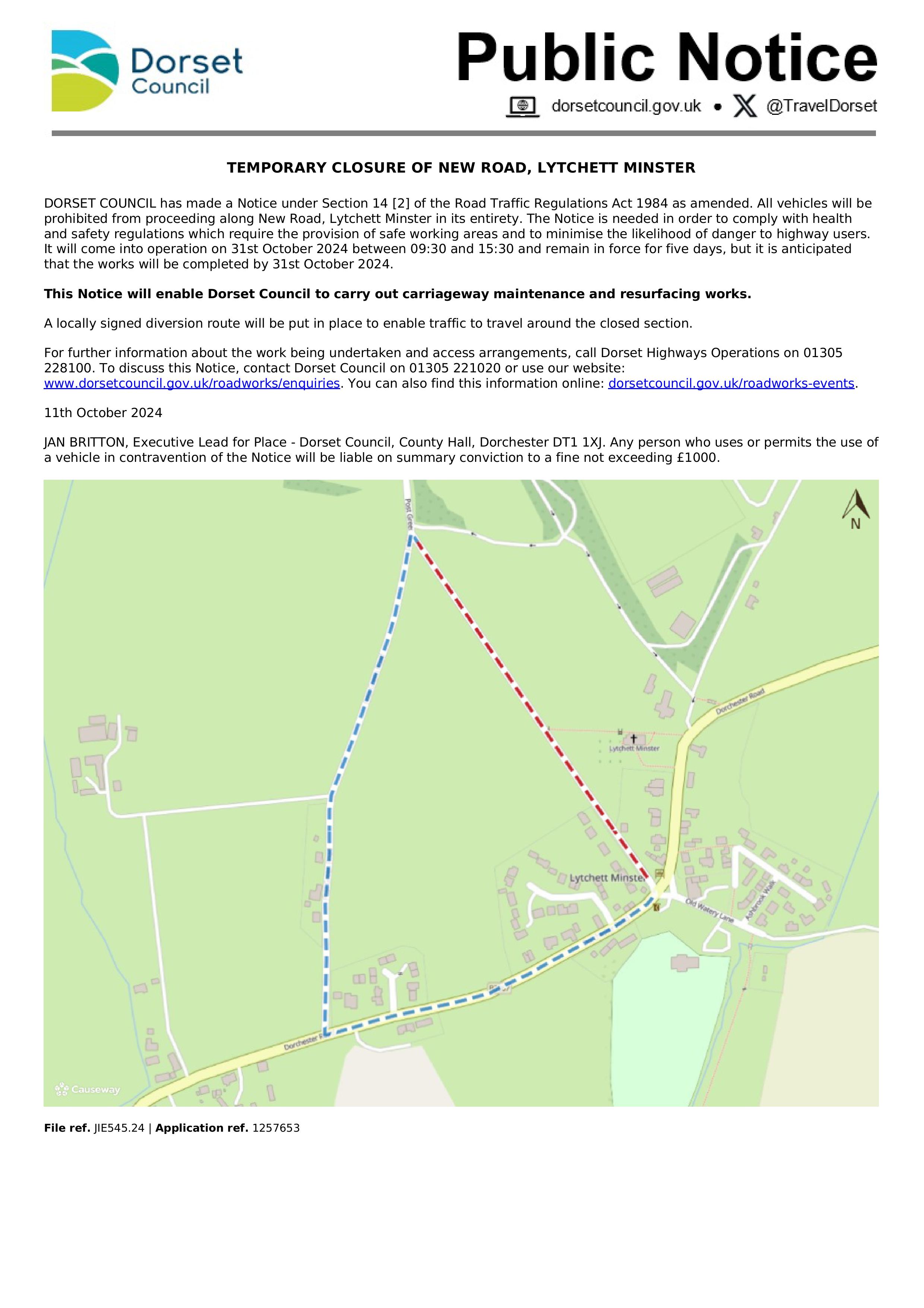 Temporary Road Closure - New Road, Lytchett Minster