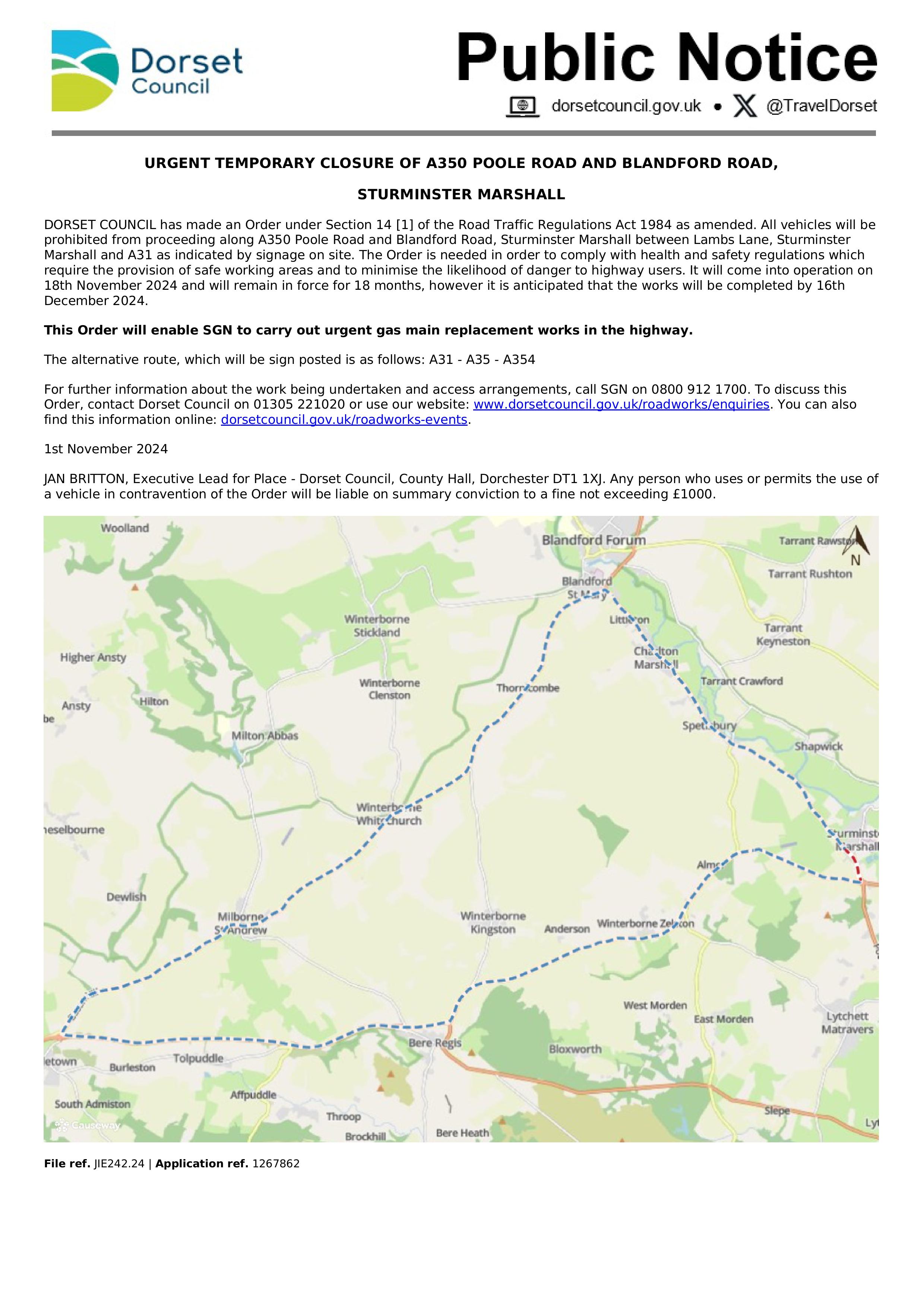 A350 Poole Road and Blandford Road Sturminster Marshall