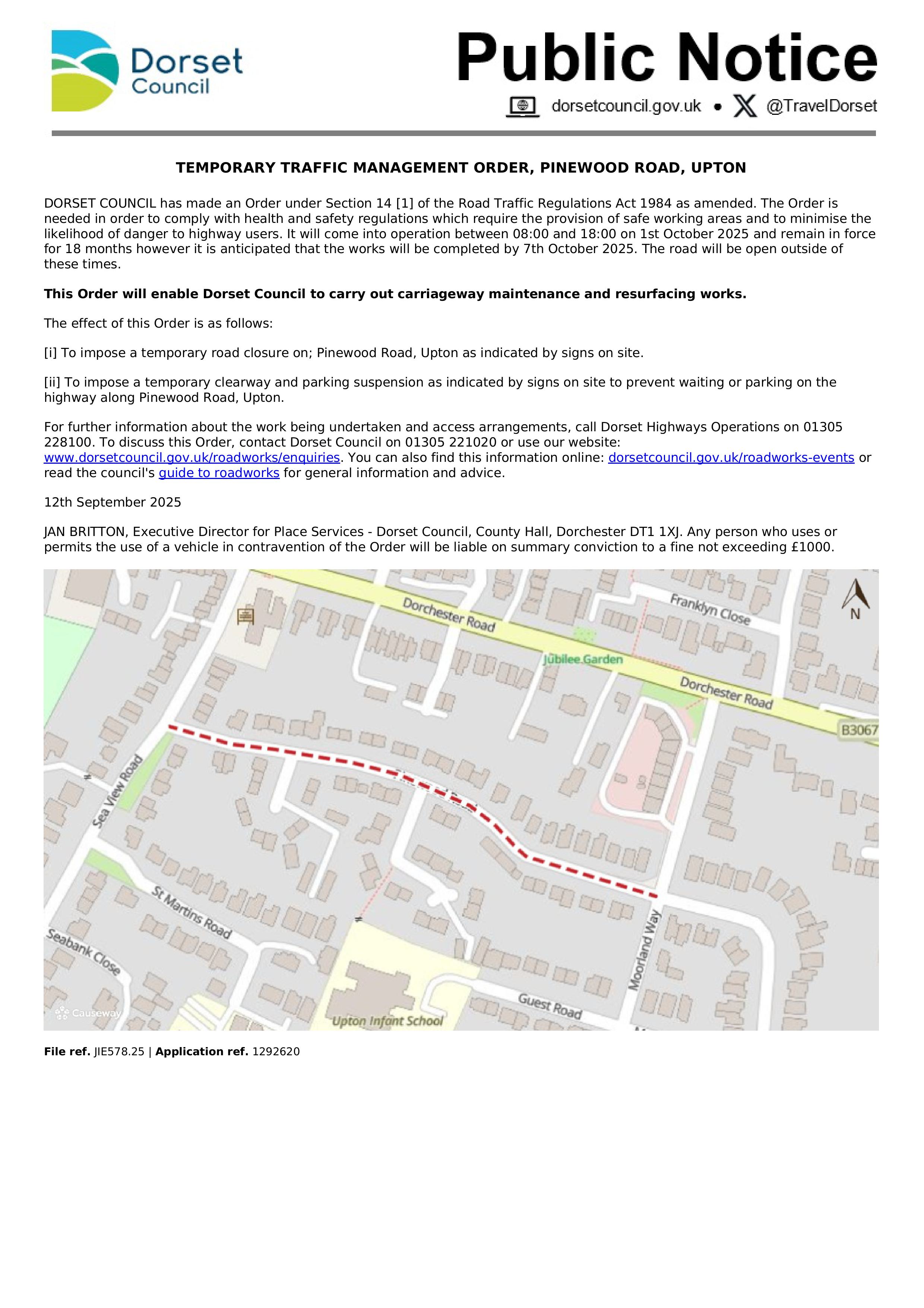 Pinewood Road - Temporary Traffic Management Order