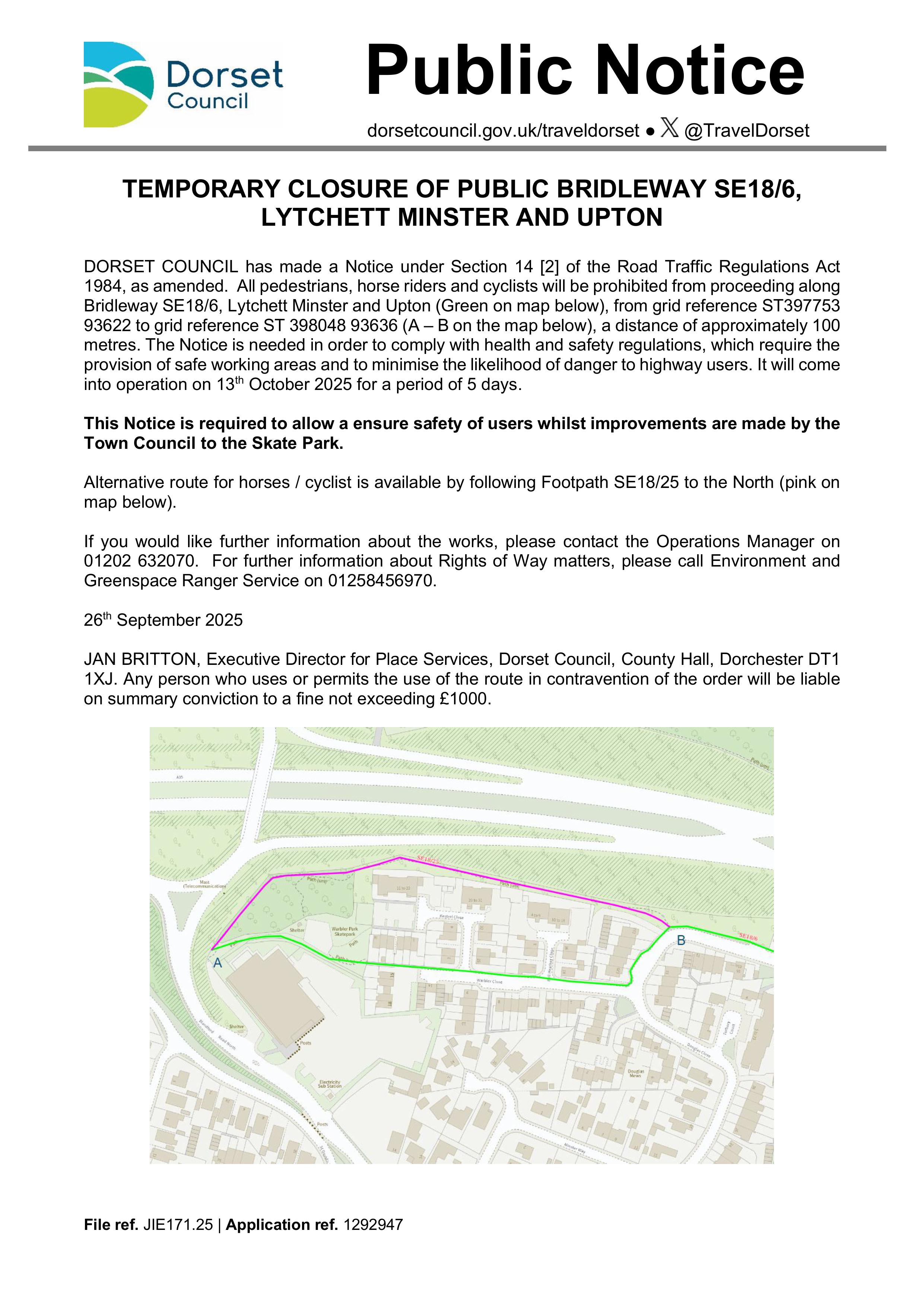 Public Notice - Temporary Closure of Public Bridleway (Warbler Park)