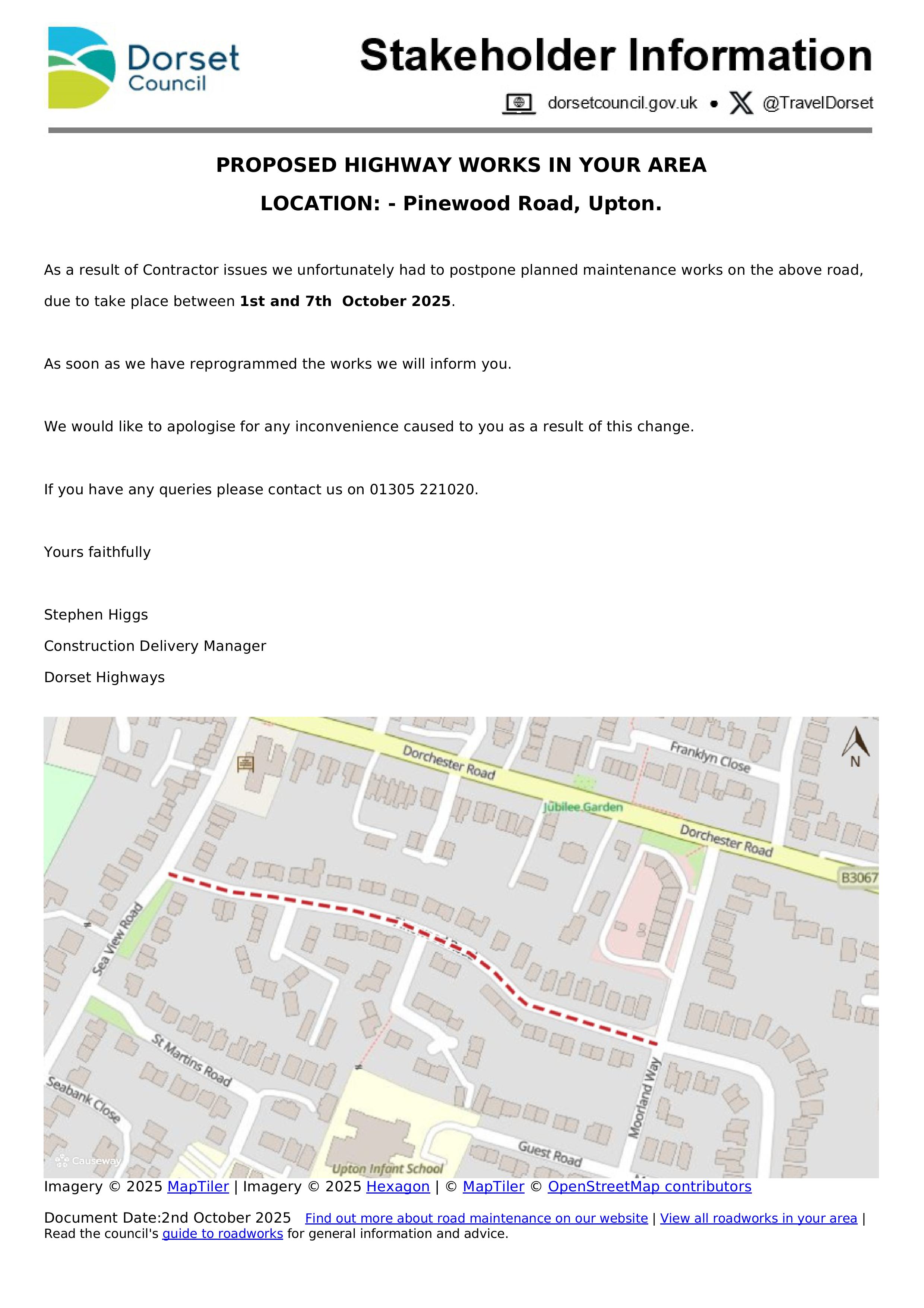 Pinewood Road Resurfacing Works Postponed