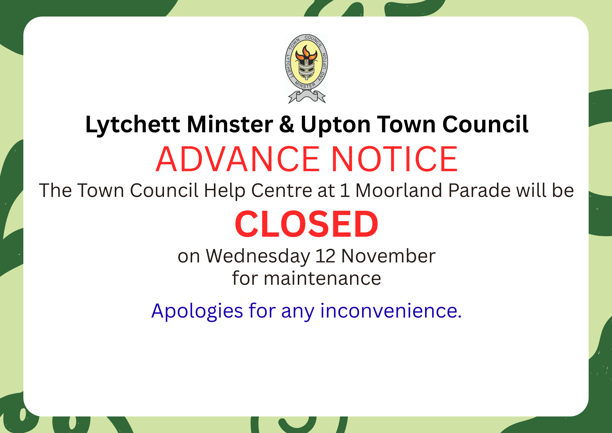 Town Council Help Centre CLOSED 12 Nov 25