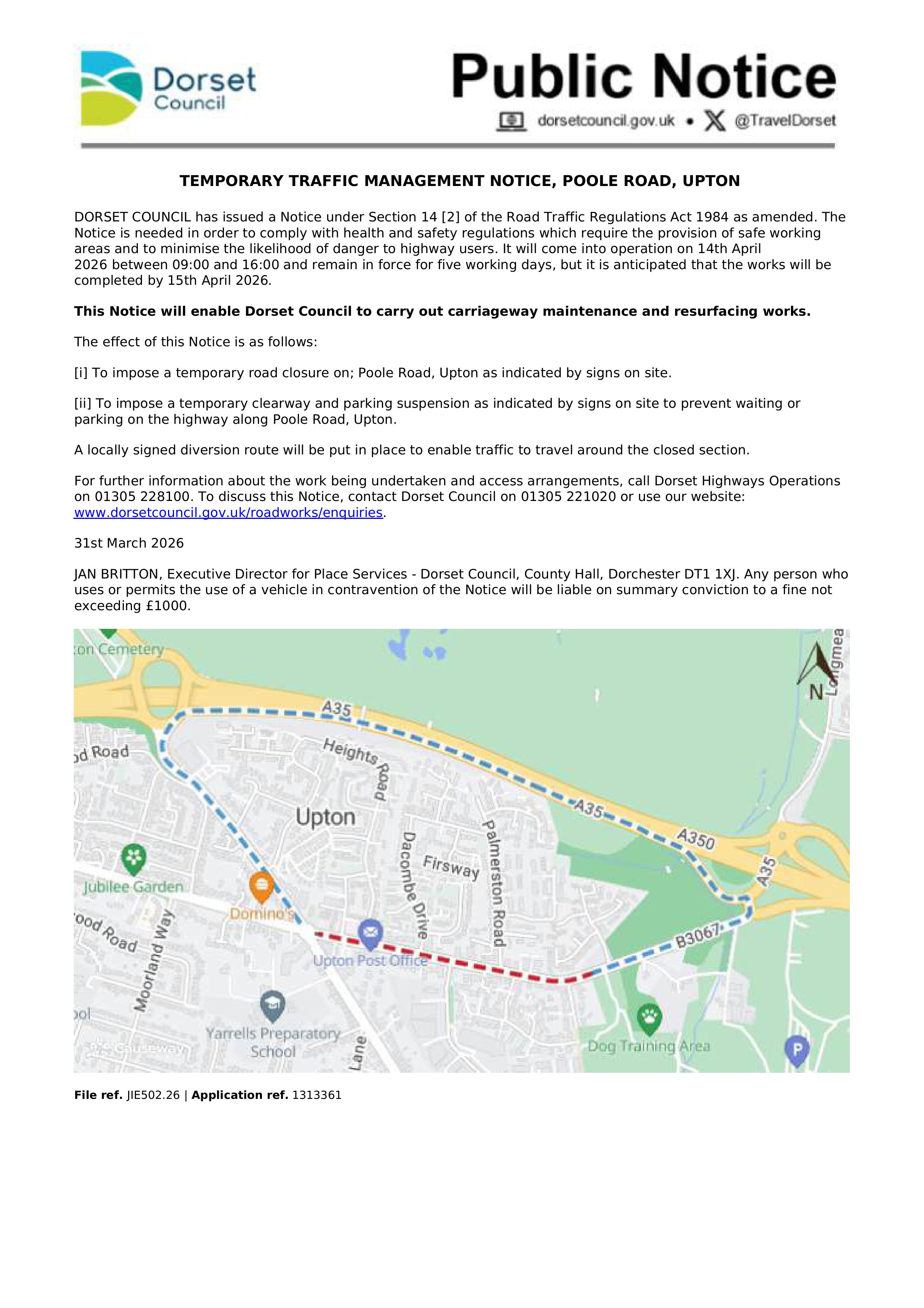 Temporary Traffic Notice Poole Road Upton