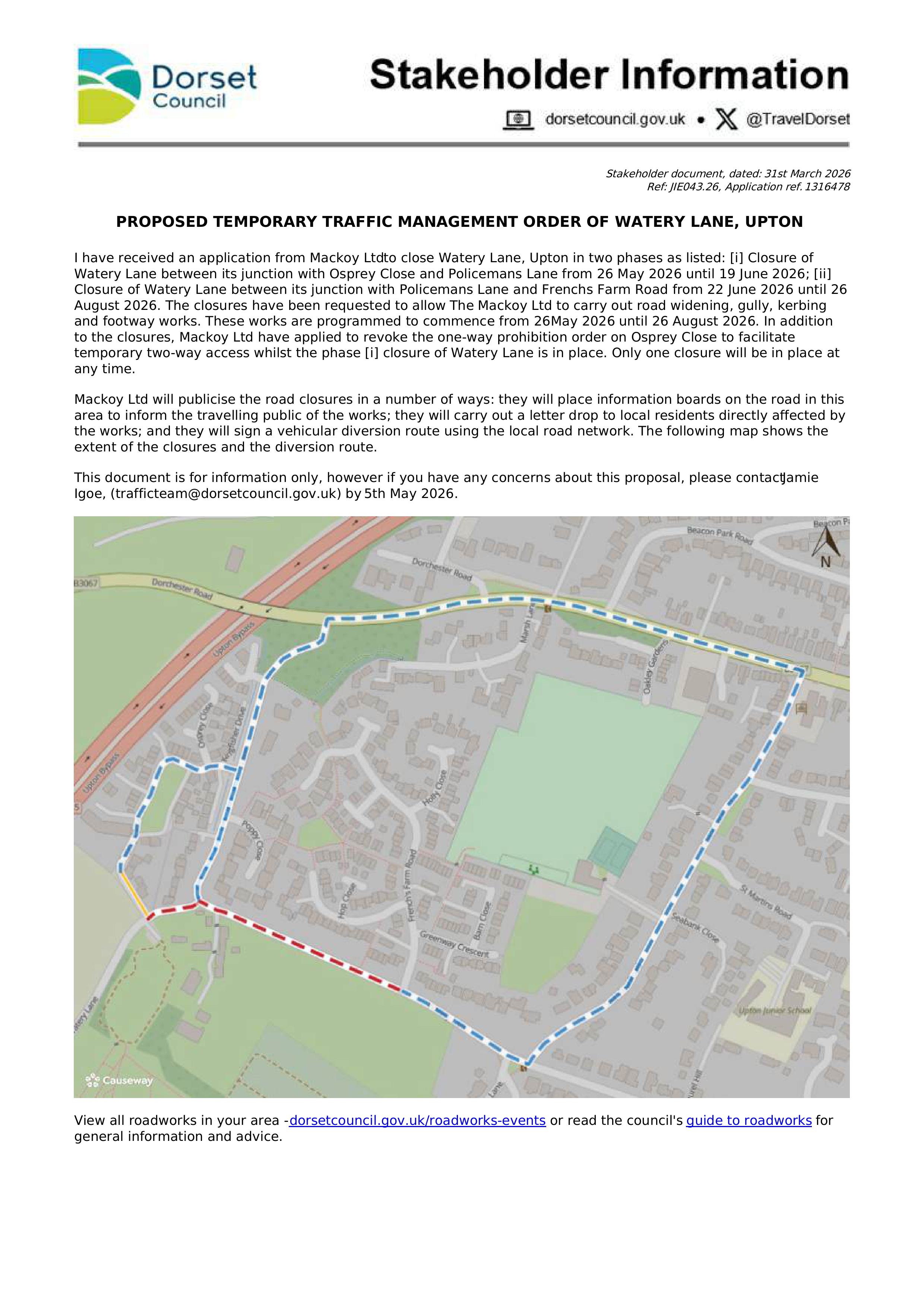 Proposed Temporary Traffic Management Order Watery Lane Upton