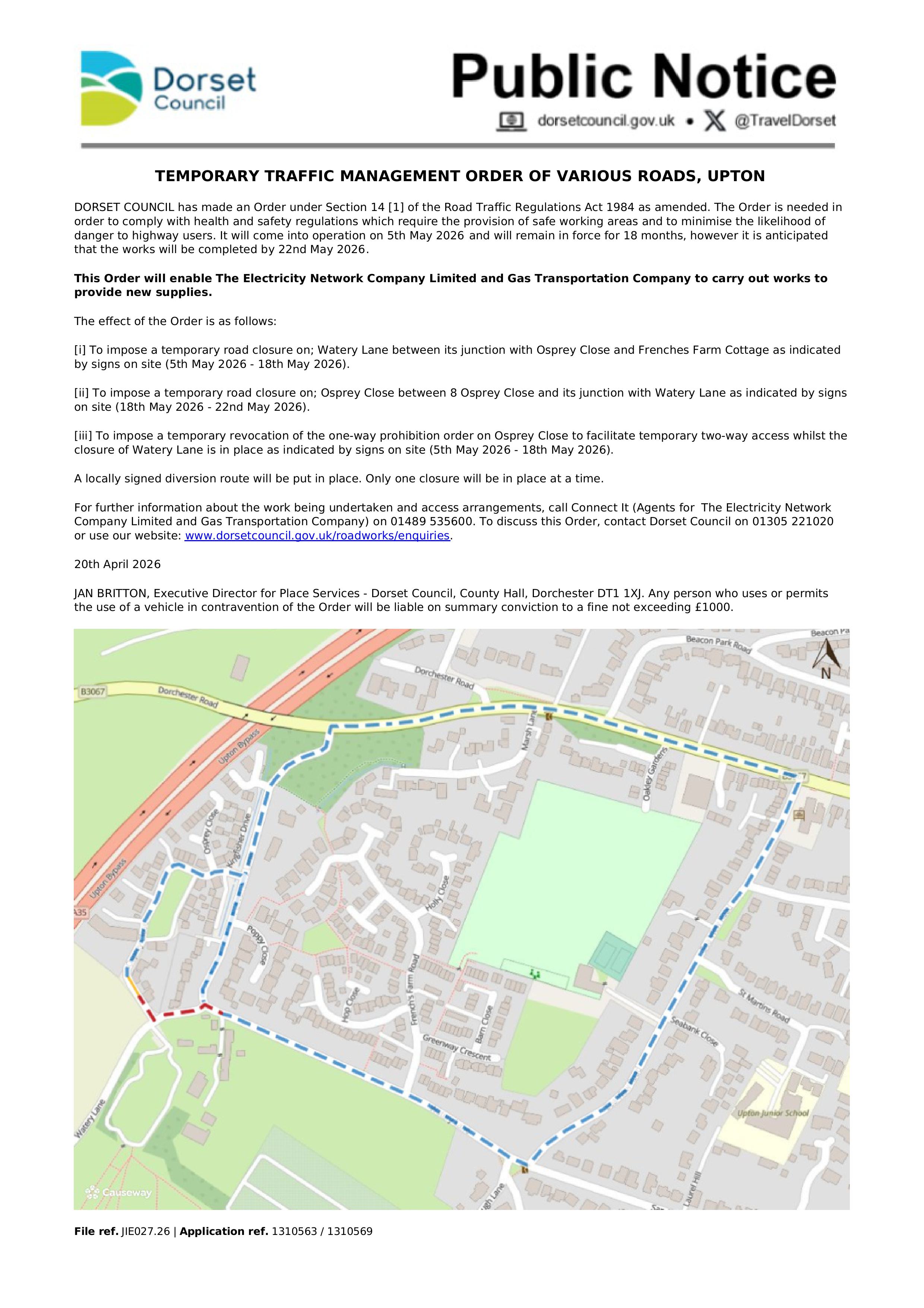 Notice of Road Closure Osprey Close
