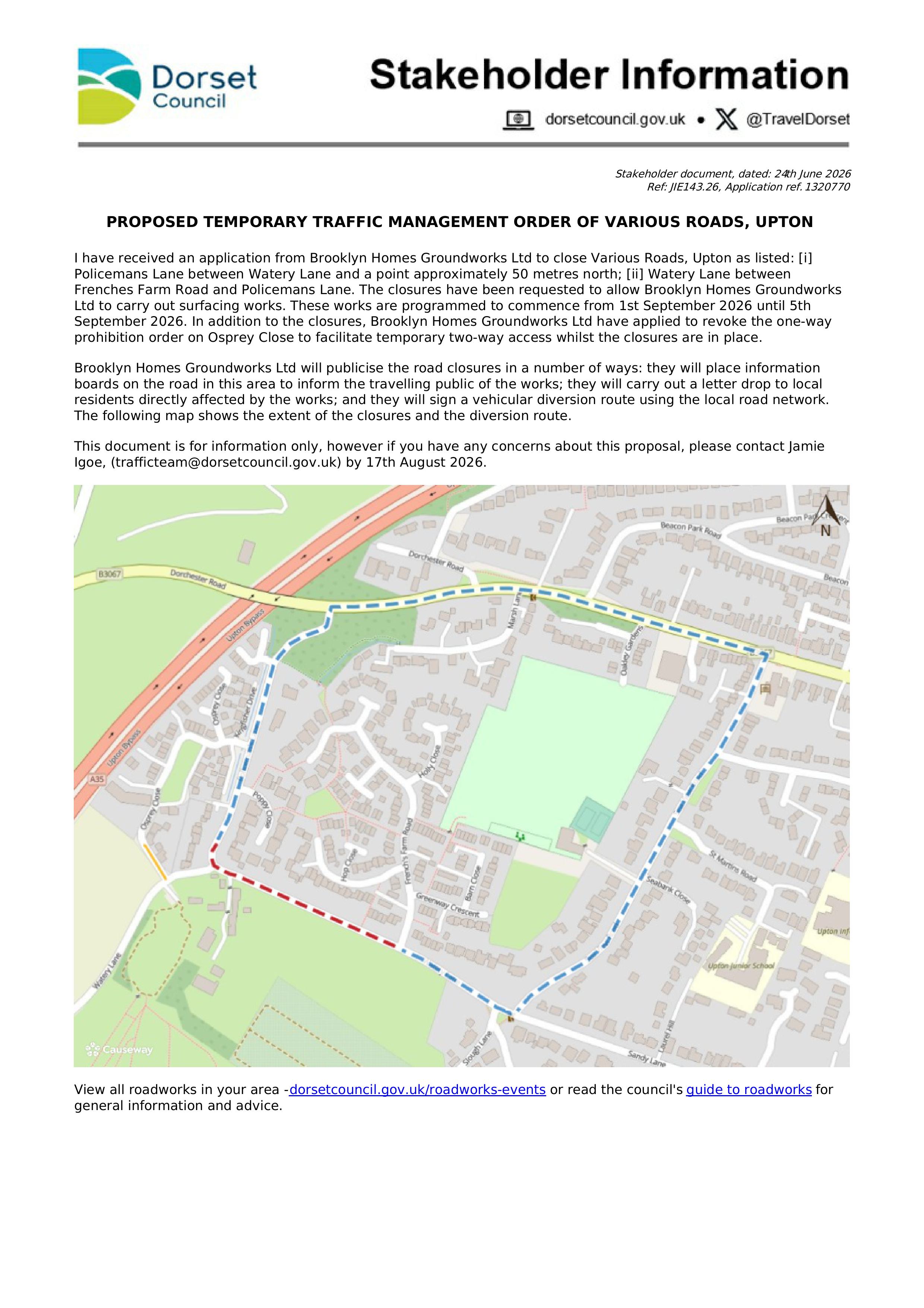 Dorset Council Traffic Management Order - Watery Lane