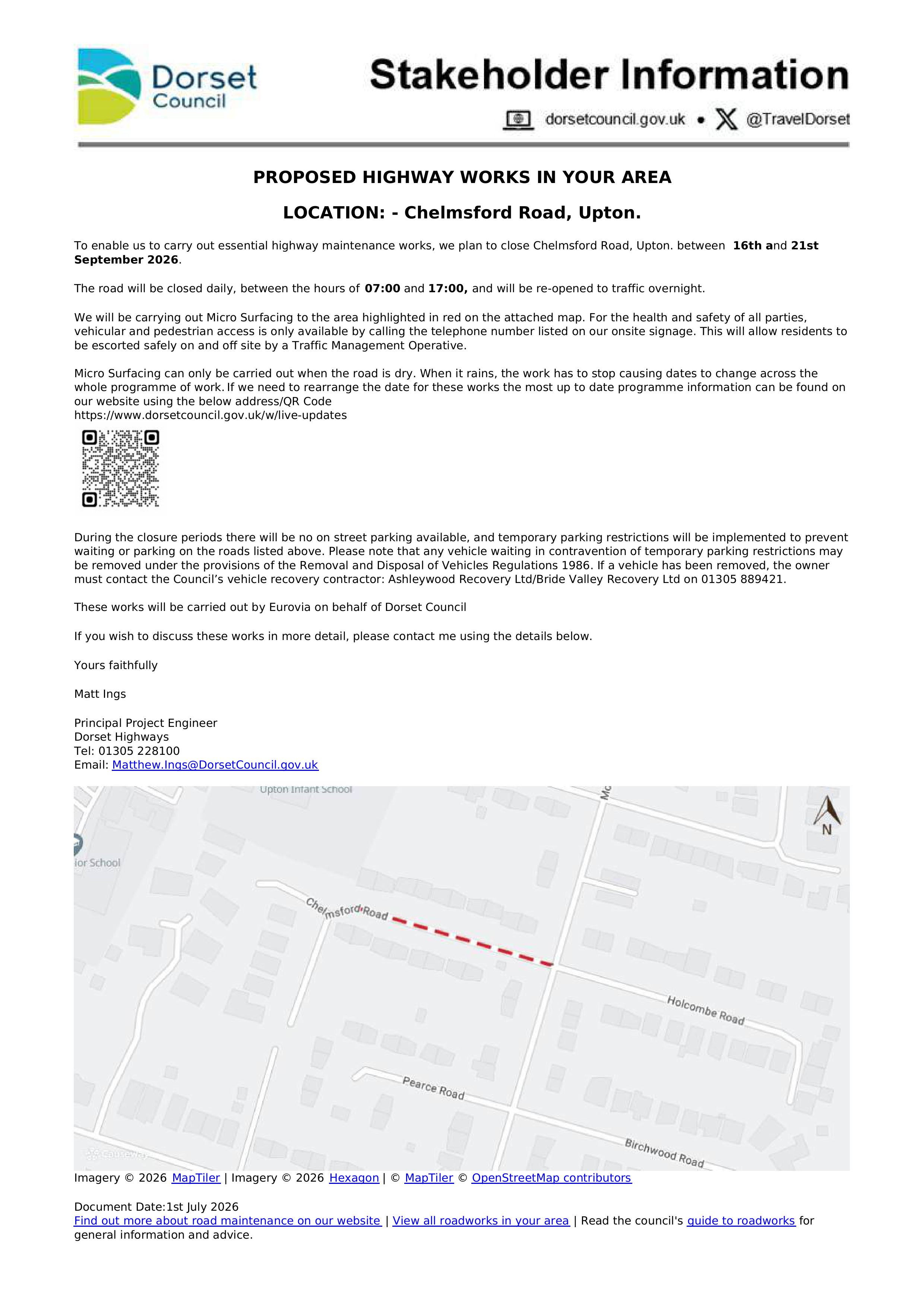 Chelsford Road essential highways works