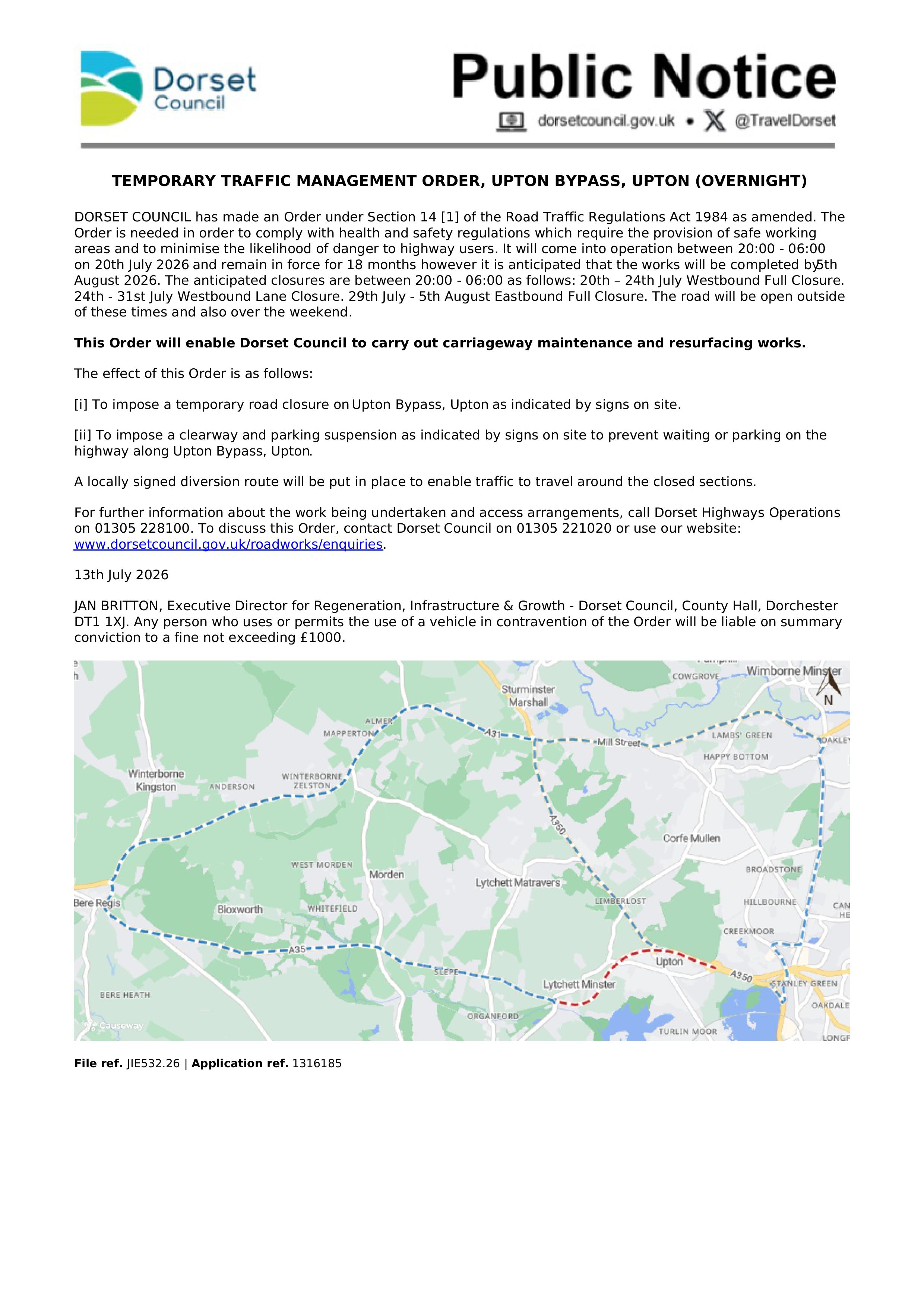 Temporary Traffic Management Order - Upton  Bypass Overnight
