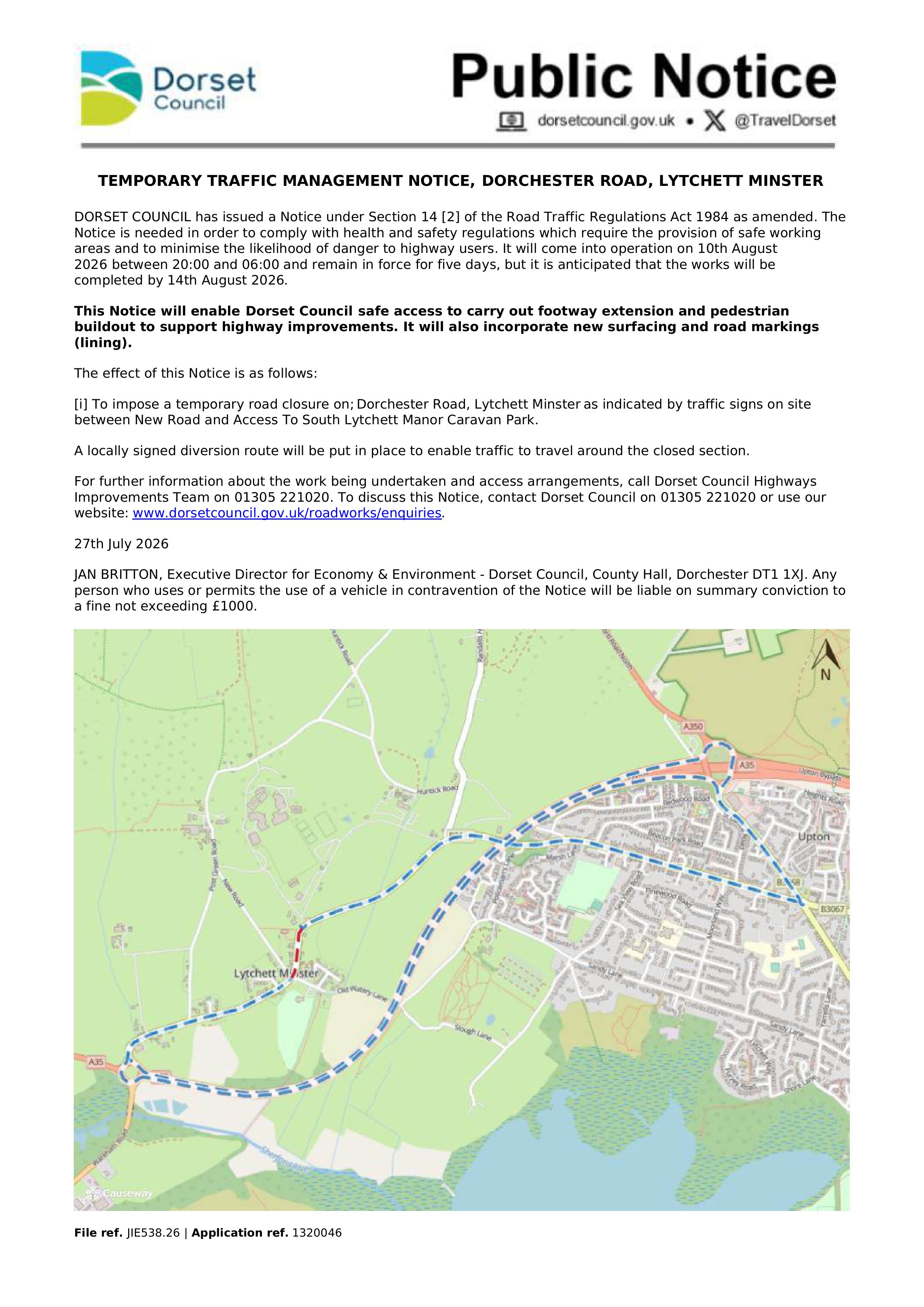 Temporary Road Closure Dorchester Road Lychett Minster